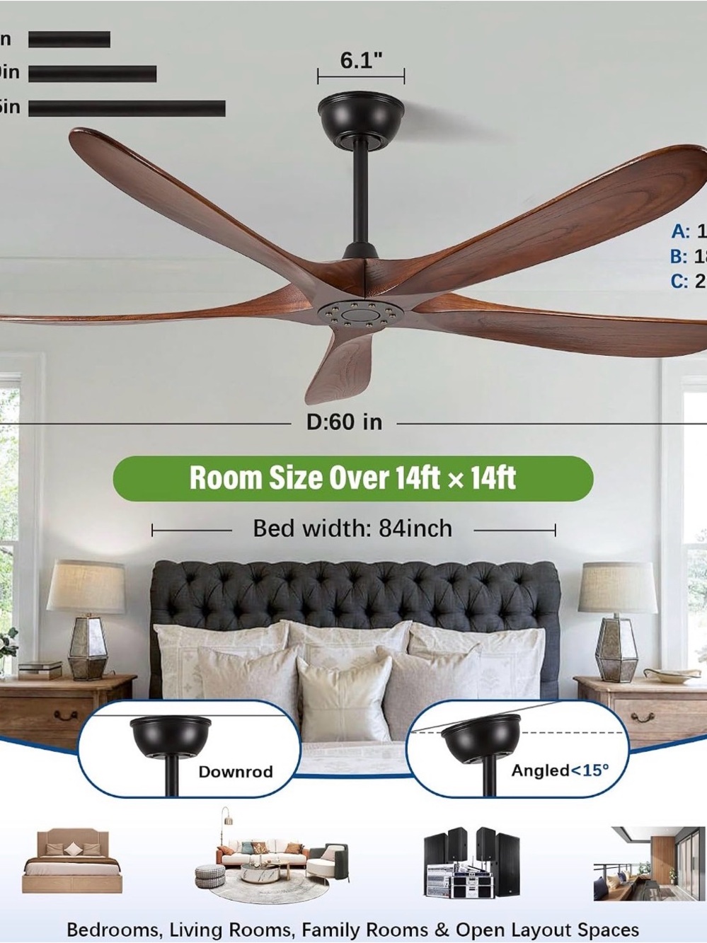 60" Brown Wood Blade Ceiling Fan with Black Mount - Modern Home Dining Fan